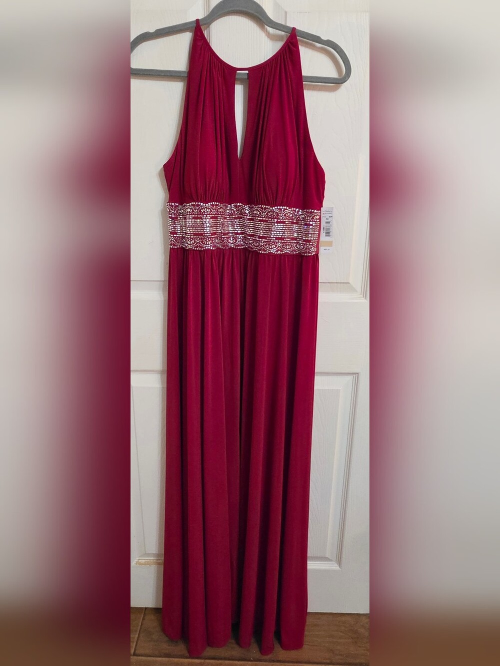 R&M Richards Red Sleeveless Evening Tunic with Rhinestone Waistband